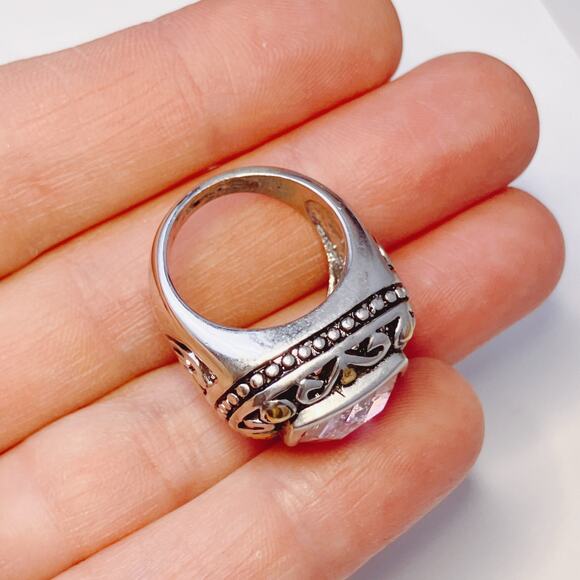 Baroque Revival Pink CZ Ring Size 5.5 Ornate Chunky Wide Band Cubic Zirconia - Picture 7 of 9